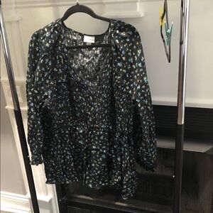 Ava & Viv Black Floral V-Neck Blouse with Blue and Yellow Print